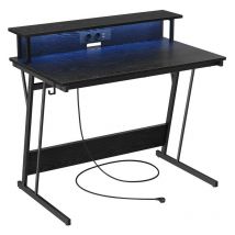 Bureau Gaming avec LED et Multiprise, Table Gamer, Bureau Informatique avec Rehausseur d’Écran, pour 2 Ordinateurs, pour Chambre, 60 x 100 x 75 cm,