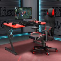 Design In - Bureau Gaming, Porte-Gobelet, Crochet Casque, Fibre de Carbone, 120x60x76cm Noir+Rouge CW42043