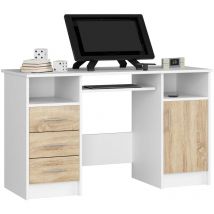 Akord - Bureau d'ordinateur ana Blanc 124 cm 1 porte 3 tiroirs façade Chêne Sonoma 5 étagères 124x52x74 cm