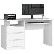 Akord - Bureau d'ordinateur clp Blanc 135 cm 3 tiroirs façade Blanche 2 étagères 135x60x77 cm