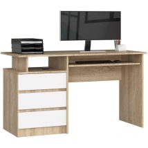 Akord - Bureau d'ordinateur clp Chêne Sonoma 135 cm 3 tiroirs façade Blanche 2 étagères 135x60x77 cm