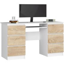 Akord - Bureau d'ordinateur A11 Blanc 135 cm 6 tiroirs façade Chêne Sonoma 135x50x77 cm