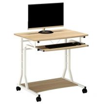 SIX - Petit Bureau Informatique - Roulant - Blanc/aspect bois de chêne
