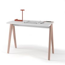Bureau, modèle COLMAR, en mélamine avec pieds en hêtre massif laqués. Blanc et Rose