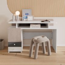 Bureau, table d'étude, table, table chambre ado avec trois tiroirs et une mezzanine, tiroirs à coulisses silencieuses, MDF, blanc + coloris orme