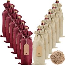 Coavas - Burlap Wine Bags, 12 Pack Wine Bottle Gift Bags with Drawstrings, Tags and Ropes, Reusable Wine Bottle Covers for Christmas, Wedding,