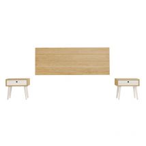 Cama Express - Cabecero Acabado Madera Maciza Natural + 2 Mesitas un cajón Acabado Cera / Blanco. Medidas Cabecero: 155 x 60 x 2 cm.
