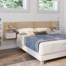 Idmarket - Cabecero de láminas ava con mesillas colgantes + cajón de 240 cm de madera clara y blanca