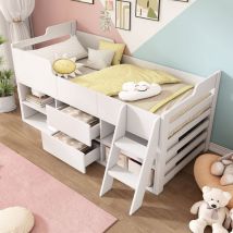 Cabin Bed Mid Sleeper Bed Frame Storage Kids Wooden bed with Drawers Shelf Storage Low Sleeper Bed 3ft Single (90 x 190 cm) Frame Only, White