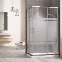 Cabine de douche rectangulaire à fermeture angulaire. 2 portes coulissantes et 2 panneaux fixes. Verre sérigraphie profil chromé 75X120CM