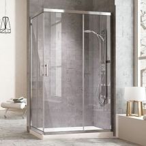Cabine de douche rectangulaire à fermeture angulaire. 2 portes coulissantes et 2 panneaux fixes. Verre transparent profil chromé 75X140CM