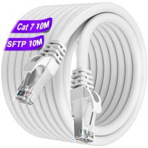 Cable Ethernet 10m Cat 7, Cable RJ45 Blindé Haute Vitesse 10Gbit/s 600MHz s/ftp Câble Réseau Blanc Gigabit Extérieur Imperméable Câble lan Cuivre