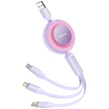 Câble rétractable 3en1 USB microUSB + iPhone Lightning + USB-C 66W 1,1m violet