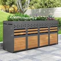 Cache-poubelles 4 Bacs Avec Toit Jardinière En Métal Anthracite Et Effet Bois, Pour Bacs 120 À 240 L