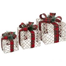 Déco de Noël lumineuse Lot de 3 Paquets Cadeaux Blancs et ruban Tartan - Feeric Christmas