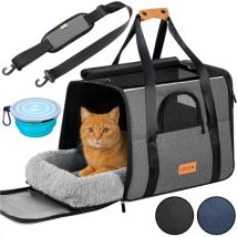 CADOCA Pet Transport Box for Cats or Small Dogs up to 20 kg Foldable Carrying Bag with Shoulder Strap & Bowl Breathable Comfortable Reversible