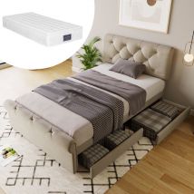 Cadre de lit avec 2 tiroirs, lit simple rembourré 90x200cm, tête de lit réglable en hauteur lit fonctionnel, naturel, matelas inclus