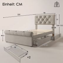 Cadre de lit avec 2 tiroirs, lit simple Lit rembourré 90x200cm, Tête de lit réglable en hauteur, Naturel,sans matelas