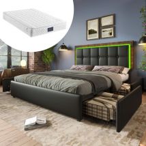 Cadre de lit avec bandeau lumineux led et 4 tiroirs, lit double, lit capitonné 140x200cm, tête de lit réglable en hauteur, lit fonctionnel, pu noir