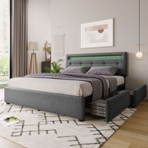 Cadre de lit avec éclairage led et 4 tiroirs, lit double rembourré 140x200cm, tête de lit réglable en hauteur, gris (sans matelas)