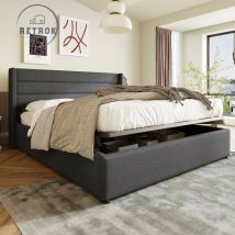 Retrok - Cadre de lit avec éclairage led et 4 tiroirs, lit double rembourré 140x200cm, tête de lit réglable en hauteur, sommier à lattes en bois,