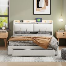 Sureh - Cadre de lit de rangement relevable Queen Size avec tête de lit réglable, station de recharge, lumières led, lattes en bois, sans bruit, pas