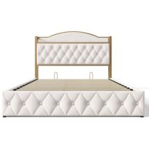 Cadre de lit double beige clair avec rangement, usb-c, led, rembourré