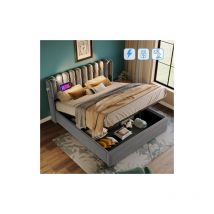 Cadre de Lit Double de Rangemen, Lit Rembourré avec Tête de Lit en Velours et Coffre de Rangement - 140x200 Gris