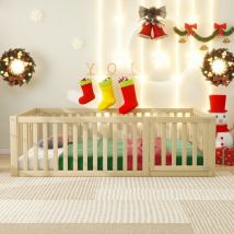 Cadre de lit enfant Noël au sol en bois avec clôture et porte - 90x200 cm