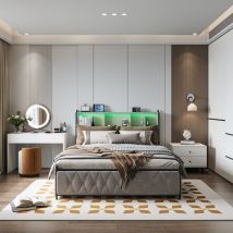 Sureh - Cadre de lit plateforme king size tapissé avec 4 tiroirs de rangement et tête de lit, sommier à lattes en bois, tête de lit ajustable avec