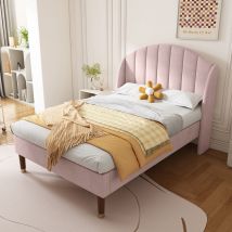 Jn.songs - Cadre de Lit Simple, Cadre de Lit Rembourré en Bois Massif, Velours Rose 90x200CM