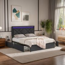 Sureh - Lit 160x200 cm avec tiroirs,lit 2 Personnes led avec rangement,recharge usb et Type C,cadre de lit avec sommier à lattes,lit adulte,noir