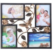 Cadre photo mural décoratif à 4 ouvertures avec fleurs et cadre photo familial vintage (noir)
