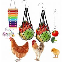 Lot de 4 jouets de poulet pour poulailler - Xylophone, brochettes de légumes, porte-fruits et mangeoire suspendue