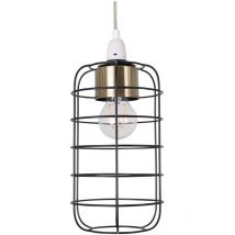 First Choice Lighting - Cage - Black and Antique Brass Industrial Style Easy Fit Pendant Shade - Black with antique brass plate detail