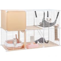 Cage pour Chats Intérieur, Enclos diy avec Grand Hamac, Maisonnette pour Chats en Fil Métallique avec Bac à Litière, Lit pour Chat (109L x 46W x 74H