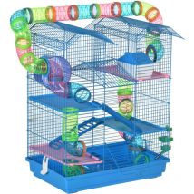 Pawhut - Cage pour Hamster Souris Petit Animaux Rongeur avec Tunnel Mangeoire Roue Jouet 47 x 30 x 59 cm cm Bleu