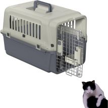 Caisse de transport pour chats, 60x39.5x44cm, avec porte en métal et fenêtres de ventilation, supporte jusqu'à 9KG, inclus tapis absorbants, gamelles