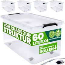 Caja Almacenamiento Plástico Transparente Resistente Capacidad 30 ó 60 Litros Organizador con Tapa 4 Ruedas Libre de bpa Contenedor Apilable 4x 60L