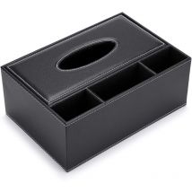 Caja de pañuelos rectangular de cuero sintético (negra) con 3 compartimentos, organizador de escritorio para control remoto