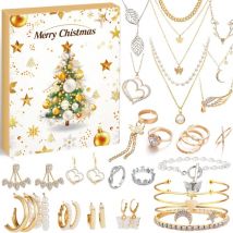 Calendrier de l'Avent de bijoux pour adultes et femmes, compte à rebours de 24 jours jusqu'au calendrier de Noël avec collier en or, bagues, boucles