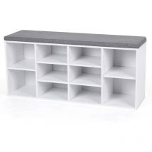 Songmics - vasagle Banc à Chaussures, Étagère à Chaussures, Meuble de Rangement, 10 Compartiments, avec Coussin, pour Entrée, 104 x 30 x 48 cm, Blanc