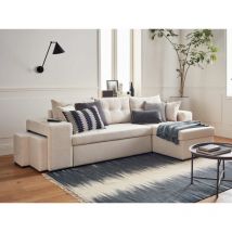 Bestmobilier - California - Beidseitig Montierbar Mit Schlaffunktion - Mit Truhe, Tisch Und Hockern - Aus Cord - 4 Sitze - Beige