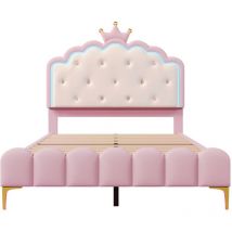 Gutent - Cama acolchada 140 x 200 cm, con iluminación ambiental, pu, corona de princesa, rosa