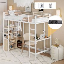 Cama alta, 90x200cm, sin colchón, cama con escritorio, con enchufe y usb, varios estantes, armario abierto, barandillas, escalera, marco de hierro,