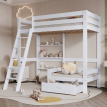 Modfu - Cama alta individual infantil 90x200 cm, 1 cajón, estante abierto, con sillón, de madera, sin colchón, color blanco