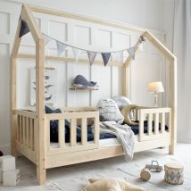 Cama cabaña 90x190 con barandilla y somier patas de 10 cm Daisy Madera