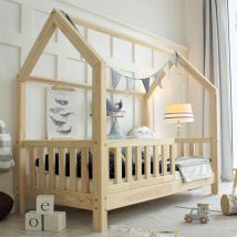 Petits-meubles - Cama cabaña 90x200 con barandilla y somier patas 10 cm Daisy Madera