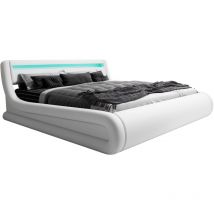 Cama Canapé de matrimonio Cama doble con Cabecero y Canapé led Somier lamas Blanco Madera y polipiel Modelo Rodas Para Colchón 150x190