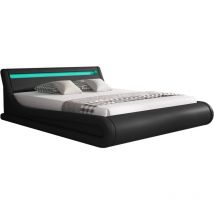 Cama Canapé de matrimonio Cama doble con Cabecero y Canapé LED Somier lamas Negro Madera y polipiel Modelo Parisina Para Colchón 180x200